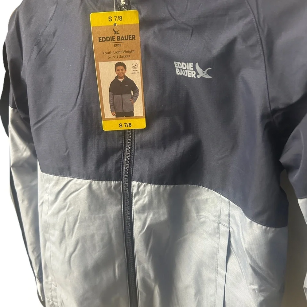 NWT Eddie Bauer Kids Navy and Light Blue Raincoat 3-in-1 Lightweight Jacket
